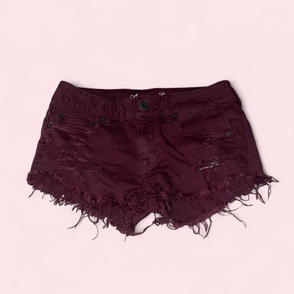 Women's Distressed Maroon Denim Shorts